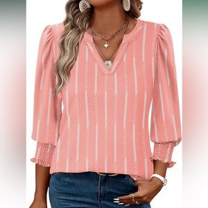 Boutique Pink Striped Blouse 2X Plus Size Smocked Sleeve Boho Spring Top